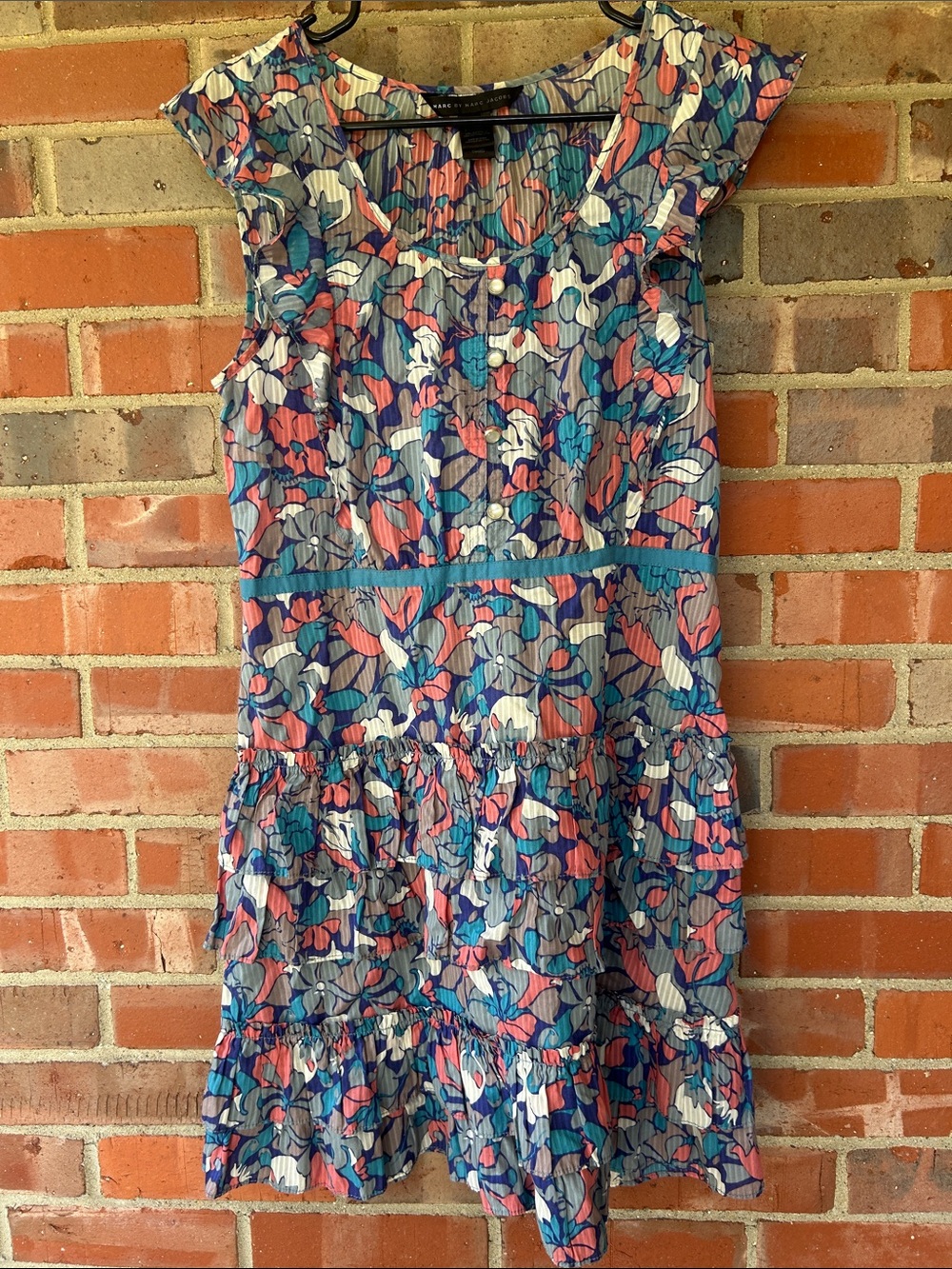 Marc by Marc Jacobs Floral Midi Dress in Blue, Peach and grey.